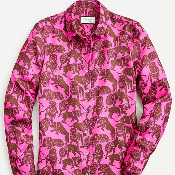 NWT J. Crew Collection Fuchsia Silk Twill Shirt in Brown Sleepy Lions- Size 14. - Picture 1 of 6